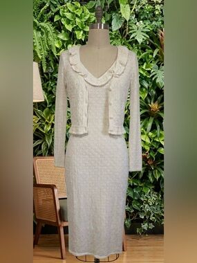 Cream Long-Sleeve Knit Midi Dress with Ruffle Trim